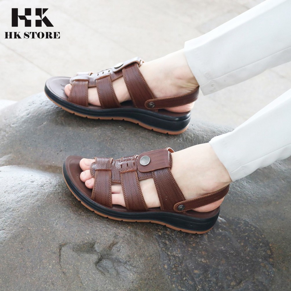 Dép sandal nam trung niên 💕 HK.STORE 💕 da bò kết hợp đế kếp cao 3,5cm khâu may chân quai công nghệ 2021 siêu chắc chắn