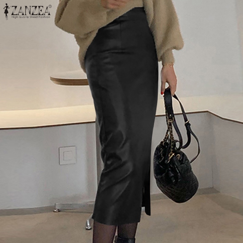 ZANZEA Chân Váy Da PU Dài Lưng Cao Xẻ Tà Thời Trang Cho Nữ
