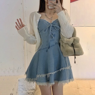 Design sense of denim halter skirt A new spring 2022 dress with a small waist and a sweet and spicy two-piece dress