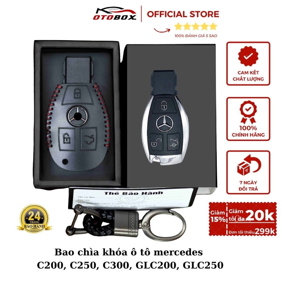 Bao da chìa khóa smartkey ô tô xe hơi Mercedes GLC chính hãng OTOBOX, da bò thật, khắc tên chủ xe, bảo hành 2 năm