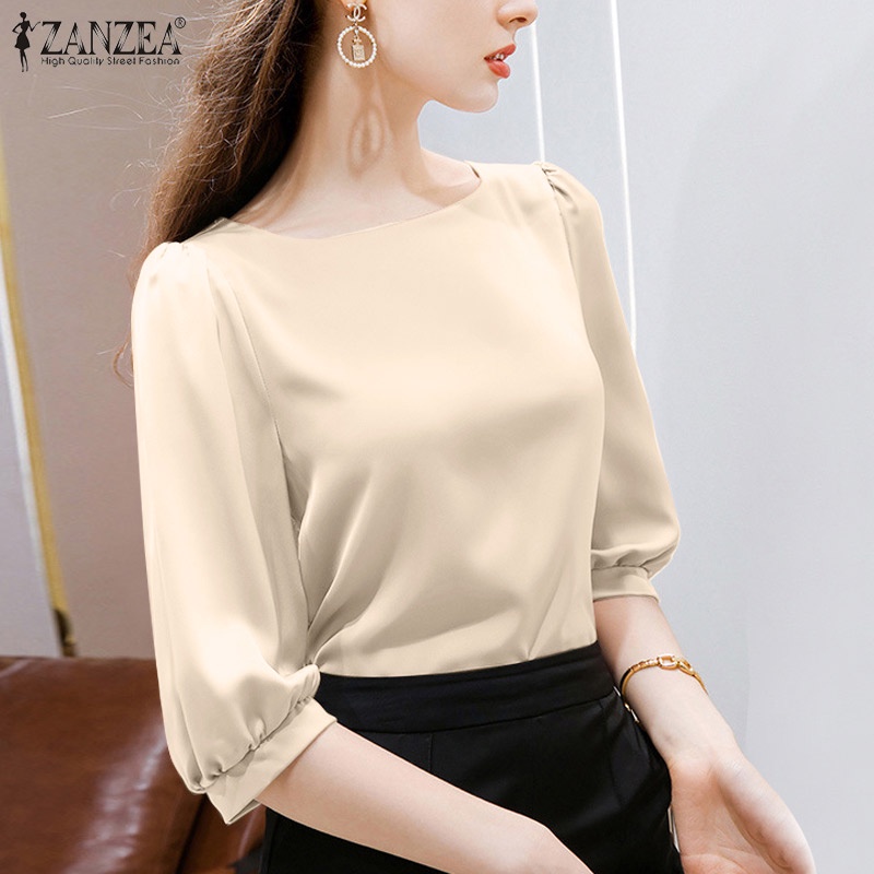 ZANZEA Áo Vải Satin Tay Lỡ 3 / 4 Cổ Vuông Phong Cách Hàn Quốc Thanh Lịch Dành Cho Nữ