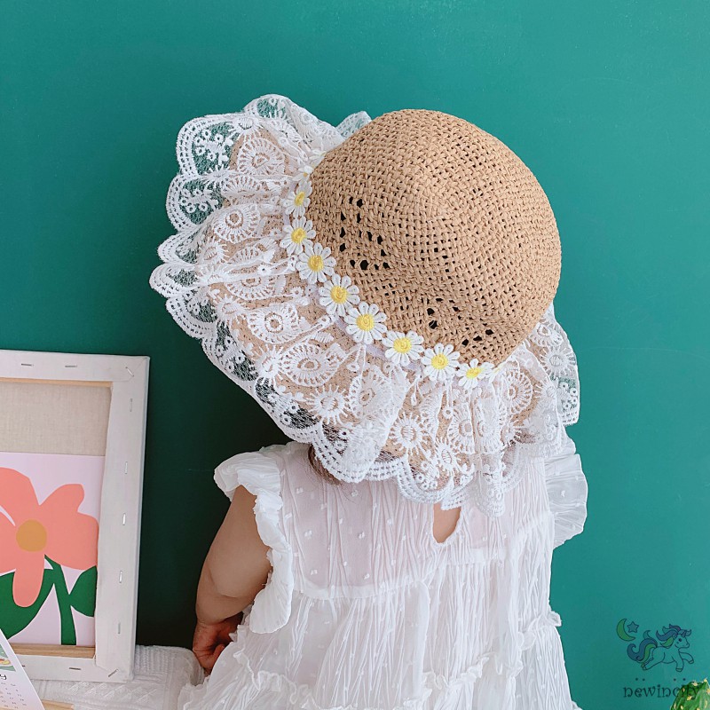 Nón tai bèo bằng rơm họa tiết hoa cúc đi biển mùa hè cho bé