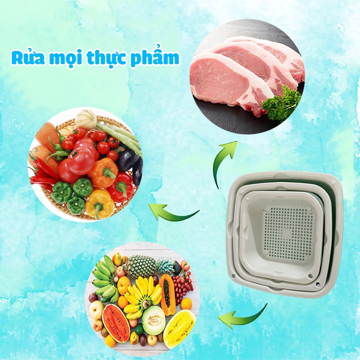 Bộ rổ 6 món kèm chậu đựng rửa rau củ, trái cây tiện lợi - Bổ rổ vuông kèm chậu 2 lớp đa năng - 01568