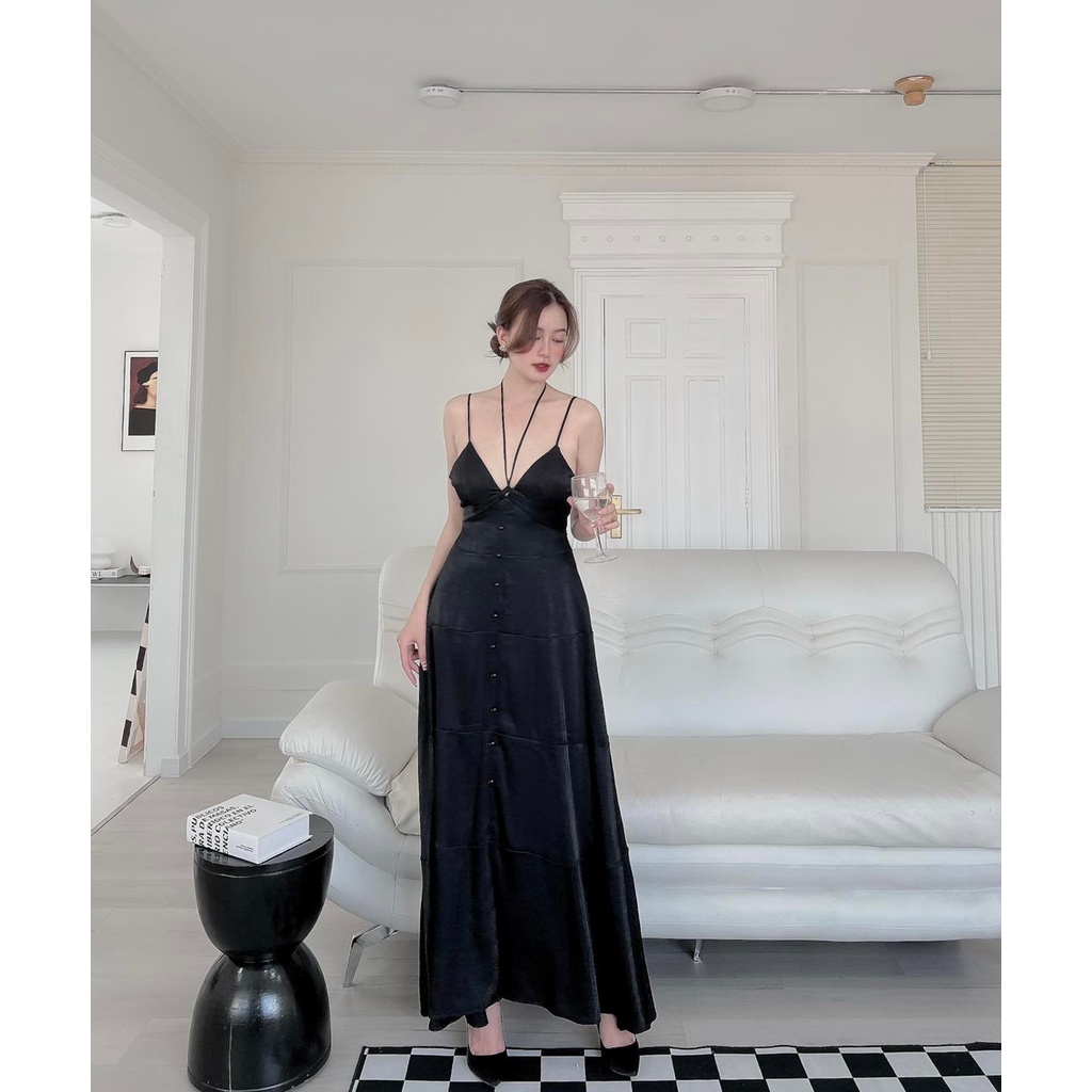 [HÀNG THIẾT KẾ CAO CẤP] Đầm Maxi Hai Dây Cổ Yếm Cột Nơ Đi Biển Sexy Màu Đen