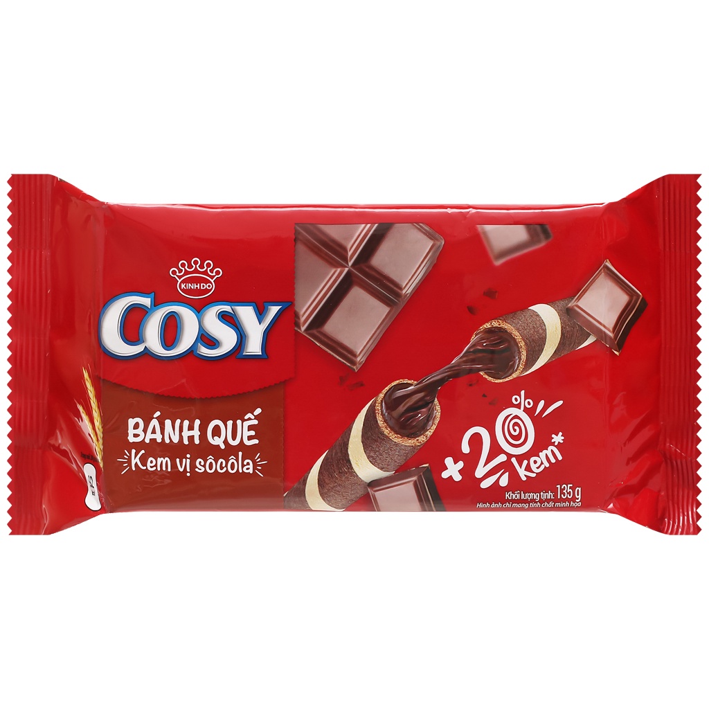 Bánh quế COSY 132g với 4 vị tuỳ chọn: vị kem dâu, vị lá dứa, vị kem cam, vị kem socola.