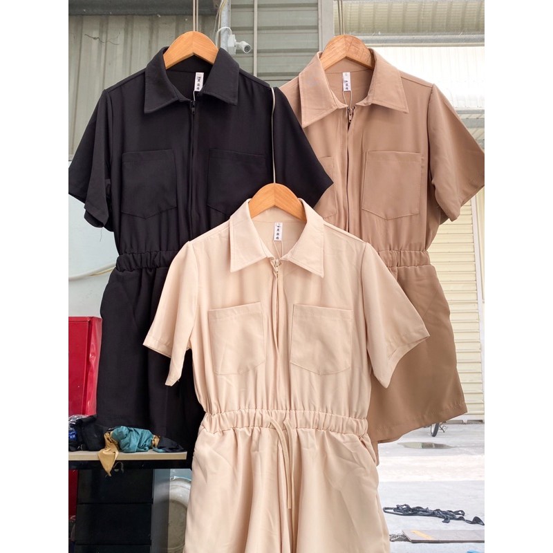 Set jumpsuit cổ bẻ kéo khoá (Ảnh thật)