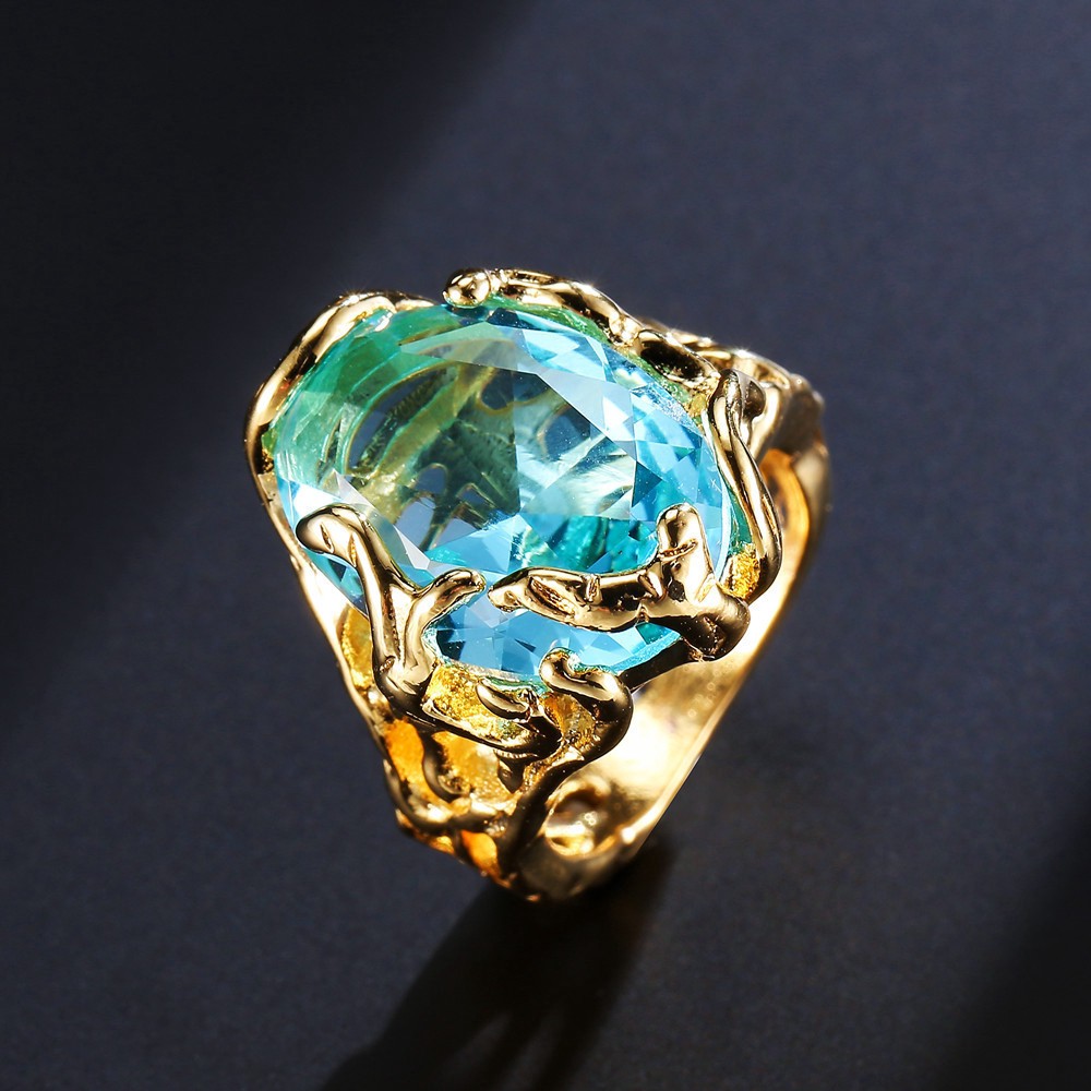 Nhẫn mạ vàng 18K đính đá pha lê xanh dương phong cách Âu Mỹ sang trọng quý phái