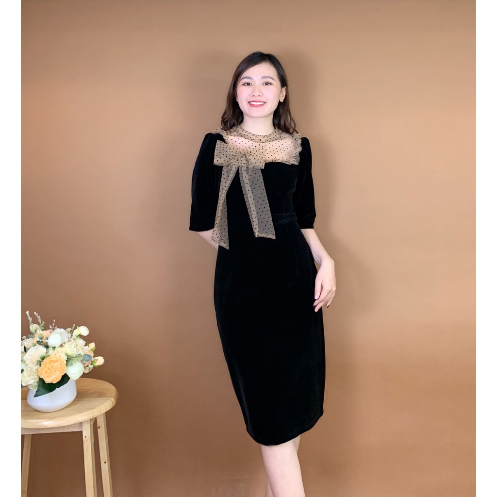 Váy nhung body cổ phối ren chấm bi Emvy - K4 | BigBuy360 - bigbuy360.vn