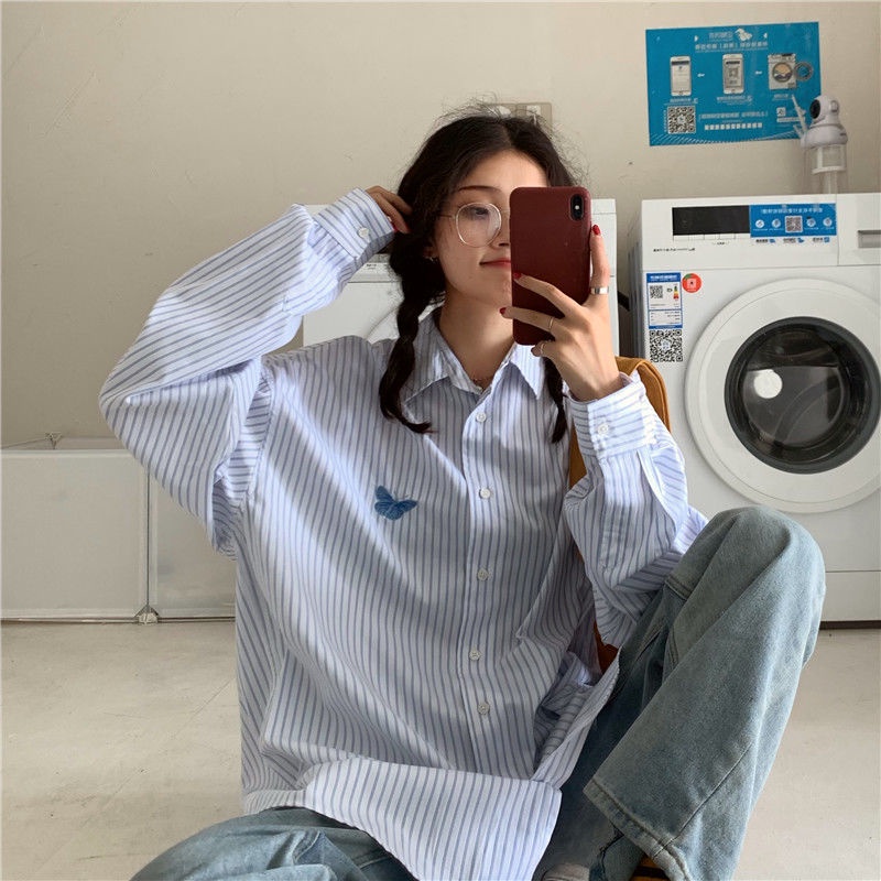 IELGY Áo sơ mi nữ dáng rộng tay dài cổ polo kẻ sọc họa tiết thêu thời trang Hàn Quốc