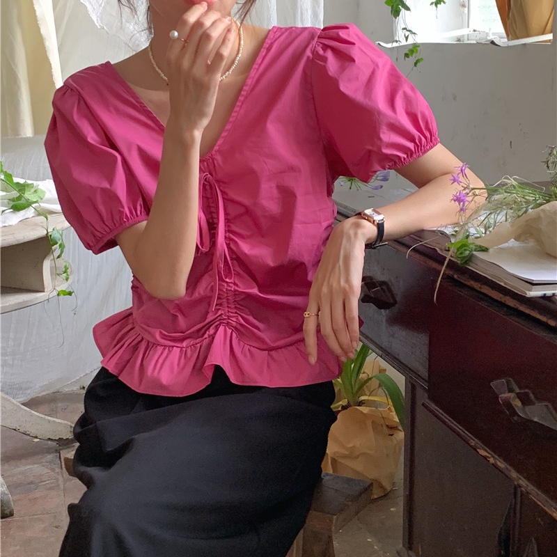 SUXI Áo Sơ Mi Tay Ngắn Cổ Chữ V Màu Sắc Đơn Giản Phối Dây Rút Thời Trang Hàn Quốc Cho Nữ