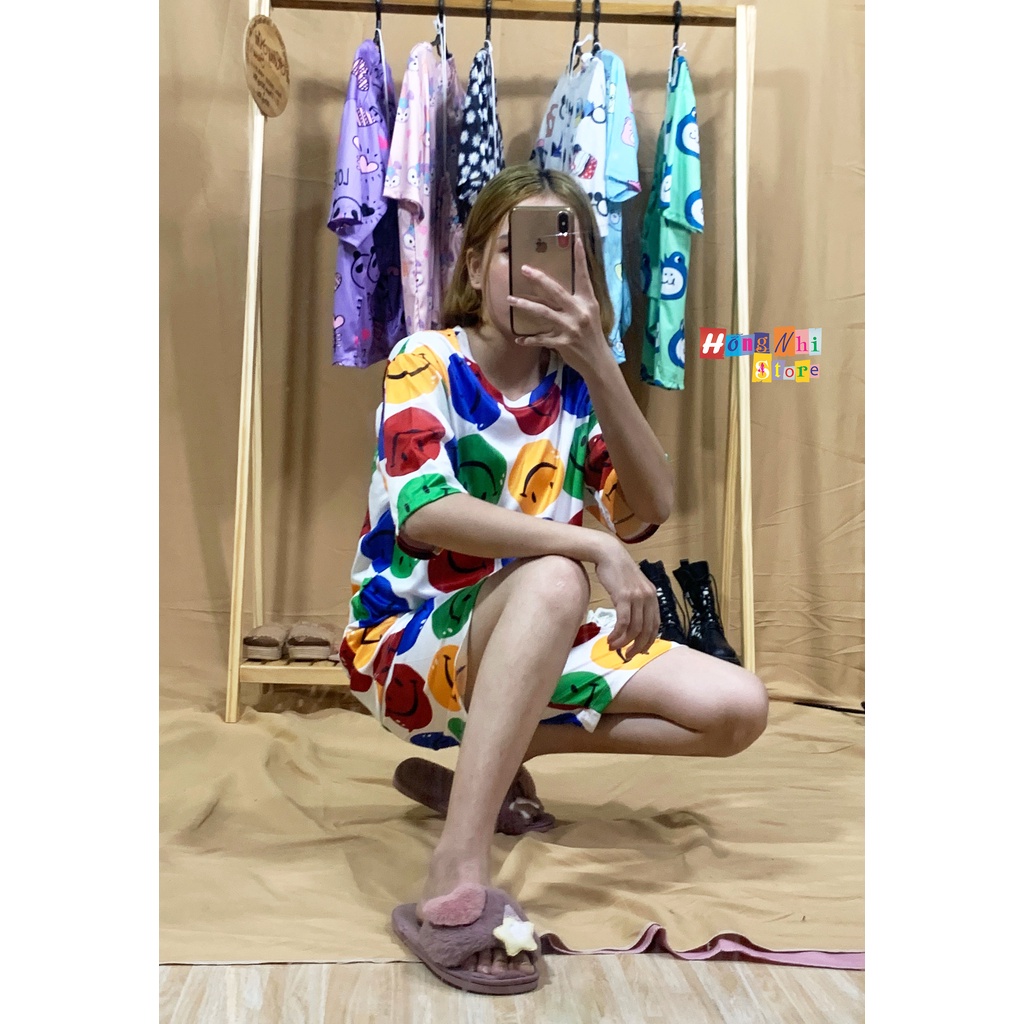 Bộ Thun Ngủ Hoạt Hình Tay Lỡ Kèm Túi Vải Phối Quần Short Oversize Ulzzang Dáng Rộng - MM