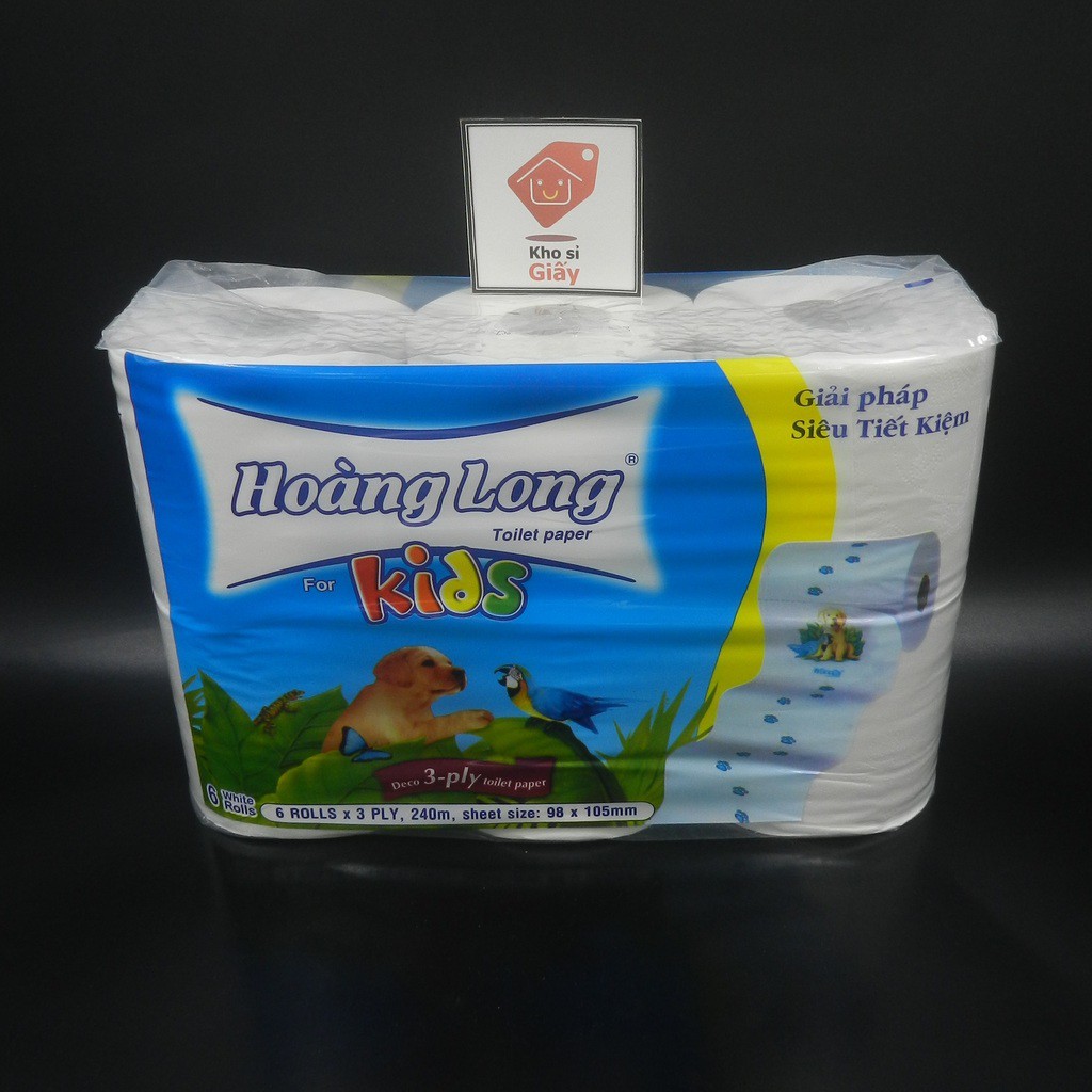Lốc 6 cuộn giấy vệ sinh 3 lớp Hoàng Long Kids có lõi dai mềm mịn - Giấy cuộn nhỏ loại 1