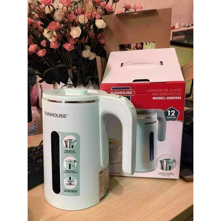 Ấm đun siêu tốc Sunhouse thiết kế 2 lớp chống bỏng dung tích 1.8L, công suất 1500W bảo hành chính hãng 12 tháng