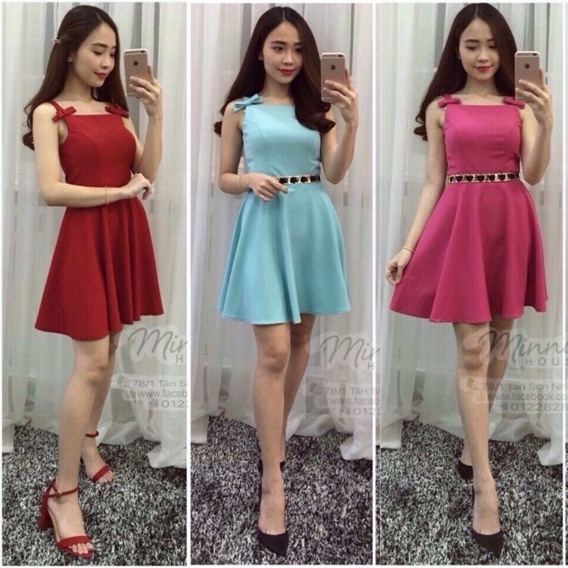 Đầm xoè 2 dây phối nơ (ko kèm nịt)