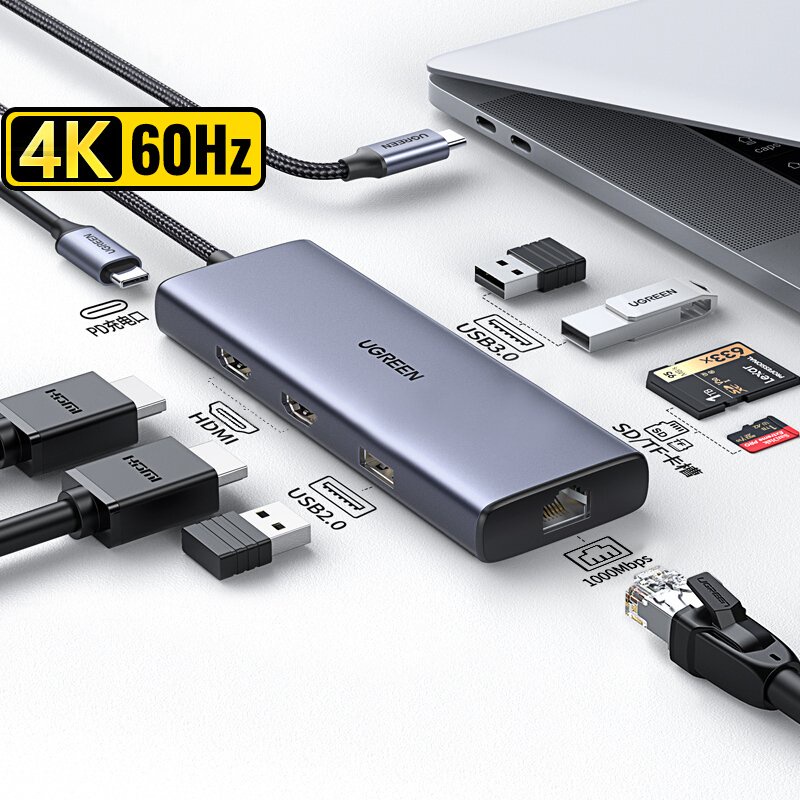 USB Type C ra 2 HDMI 4K@60Hz Hub 9 in 1 Cao Cấp Ugreen 90119 CM490 Chính Hãng