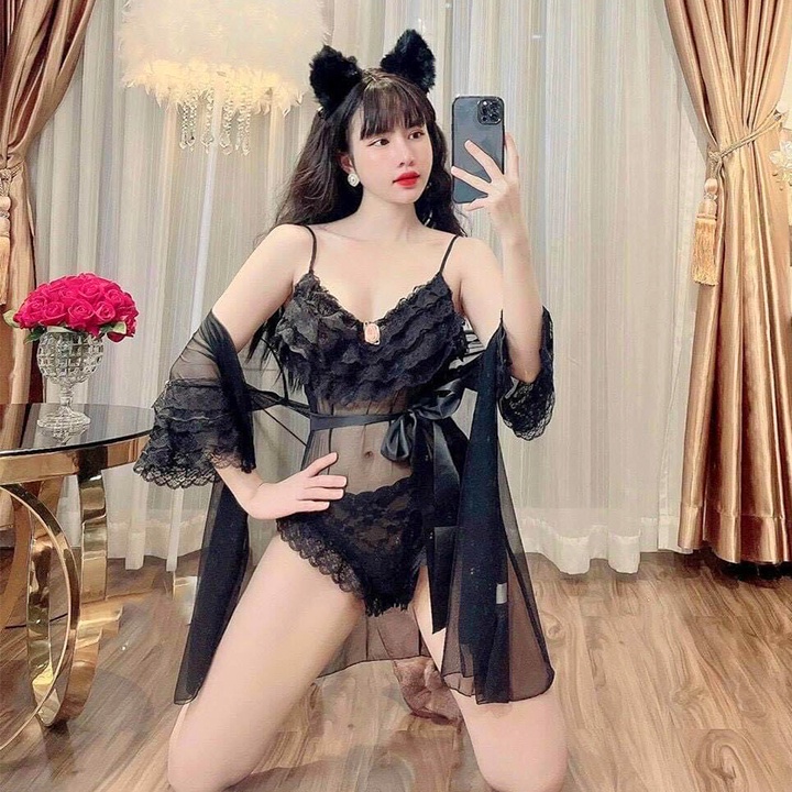 Set váy ngủ sexy cao cấp bodysuit hoa kèm áo choàng bèo đính hoa với màu nude quyến rũ BT002 | BigBuy360 - bigbuy360.vn