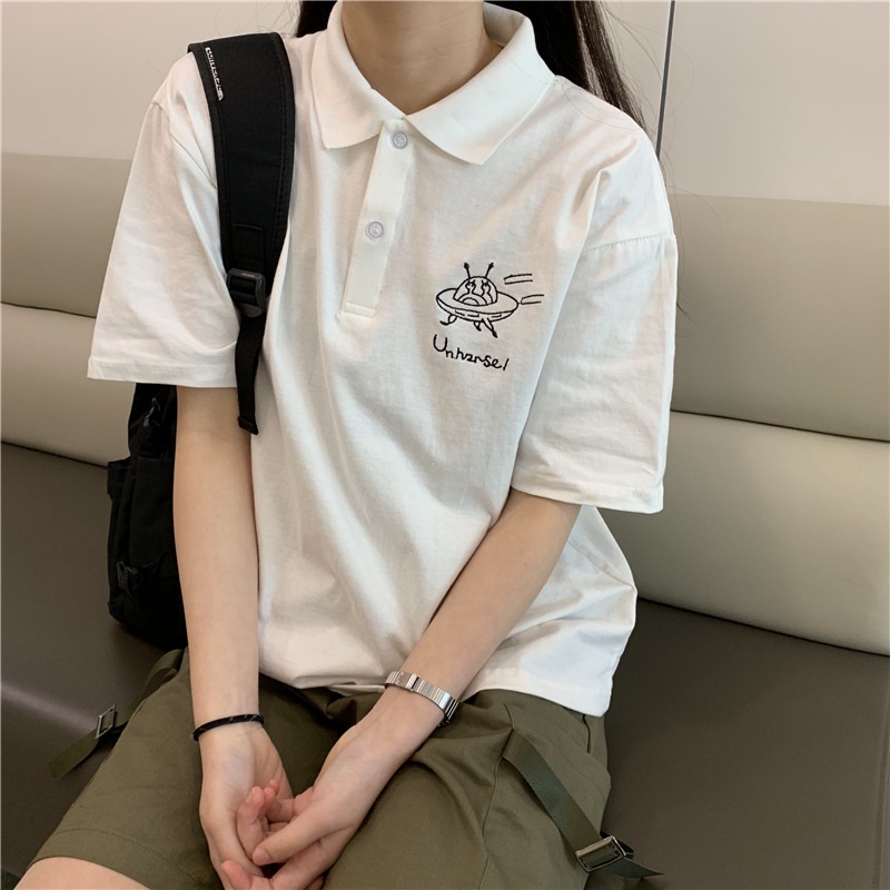 Áo Thun Nữ Form Rộng Có Cổ Trụ Đẹp Chất Cotton Unisex In Hình Đĩa Bay Bao Đẹp, Siêu Cute Dễ Thương TTQ0086