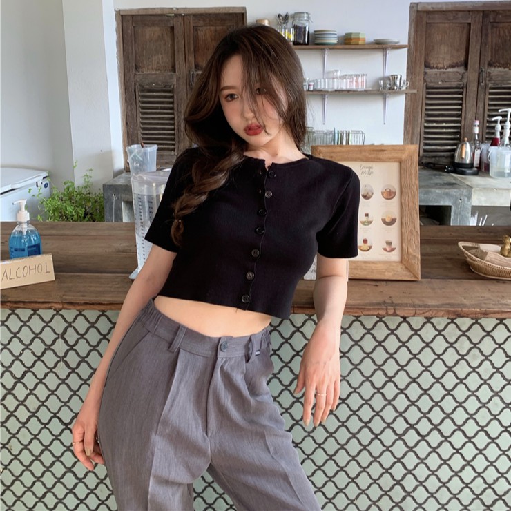 Cocory vn Áo ngắn dệt kim tay ngắn cổ tròn thiết kế quyến rũ hợp thời trang