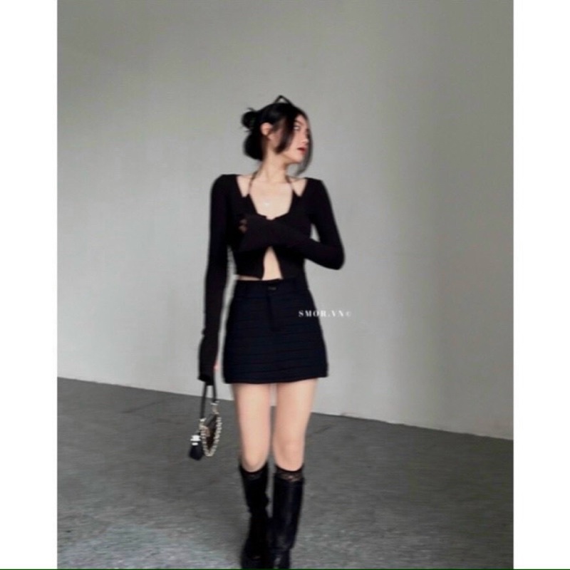 Set áo croptop yếm chân váy A đen