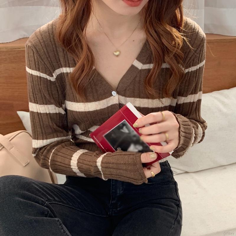 Áo Cardigan Dệt Kim Mỏng Tay Dài Kẻ Sọc Đơn Giản Thời Trang Hàn Quốc Cho Nữ