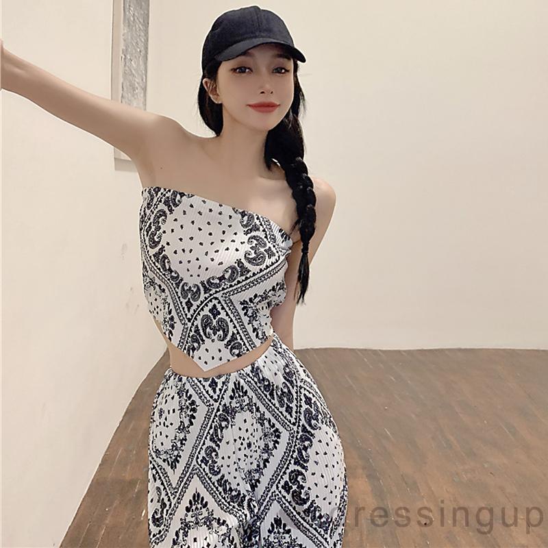 Bộ Áo Thun Cộc Tay In Họa Tiết + Quần Ống Rộng Phong Cách Cổ Điển Dành Cho Nữ