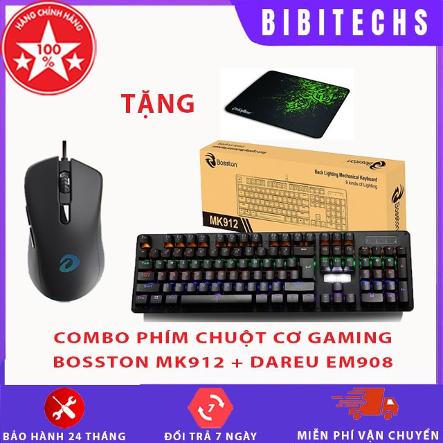 Combo bàn phím cơ gaming Bosston MK912 -  Chuột  Dareu EM908, tặng kèm lót chuột, led rainbow 9 chế độ - BiBiTechs