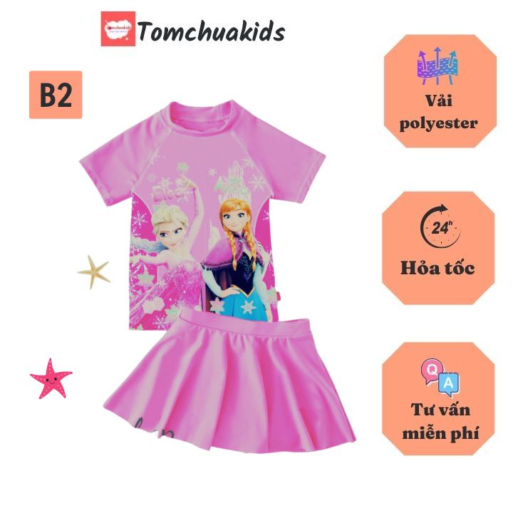 Đồ bơi bé gái tay ngắn hình elsa 11-40kg, quần giả váy tạo cảm giác tự tin- thoải mái - Tomchuakids