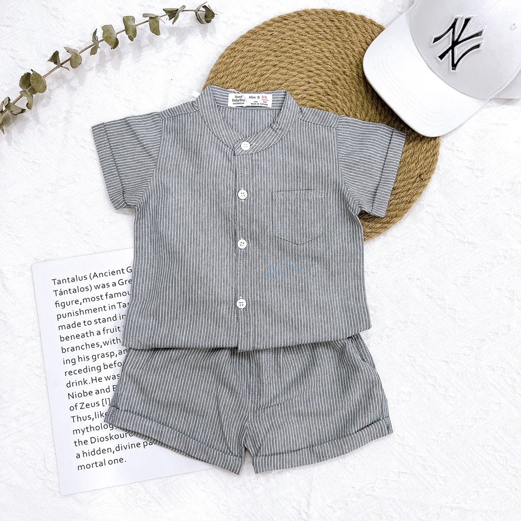 Bộ set công tử đầy tháng thôi nôi vải đũi sọc bé trai cổ trụ 6-14kg