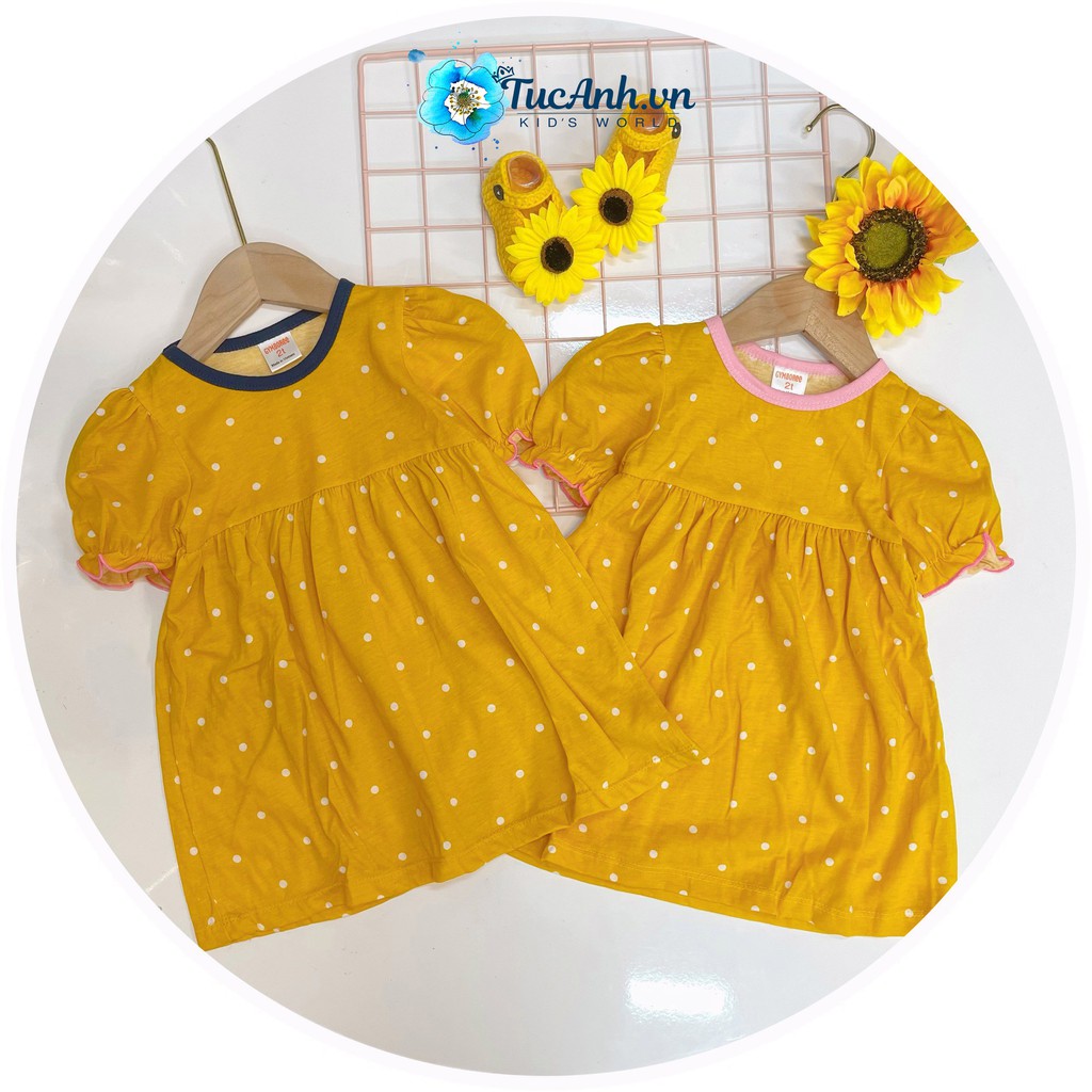 Váy Cotton Cộc Tay Mềm Nhẹ Thoáng Mát Cho Bé Gái 10-17KG , Váy Tay Phồng Công Chúa Vàng Chấm Bi Cực Đánh Yêu - TucAnh