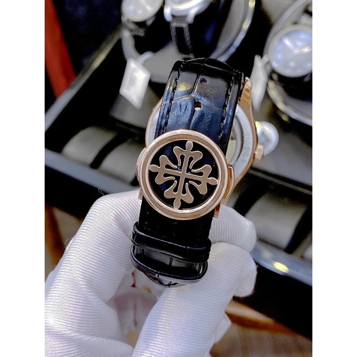 Đồng hồ Nam Patek philippe Complication máy nhật dòng cơ Automatic trăng sao có lịch thứ ngày tháng mặt trắng vỏ vàng
