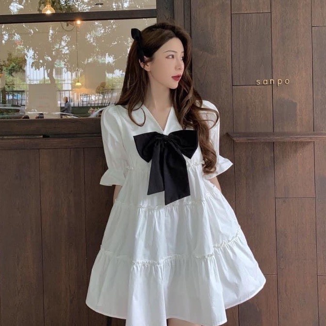 Đầm babydoll nữ ❤️đầm xoè cổ v đính nơ❤️ chất thô mềm xếp tầng, đầm trắng, đầm tiểu thư MÂY_1989