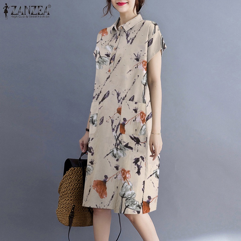 Đầm mini ZANZEA tay ngắn ve áo in hoa thời trang cổ điển giản dị cho nữ