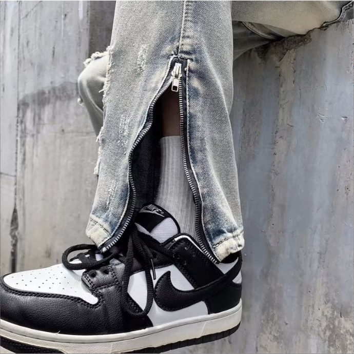 Quần bò ống suông nam nữ unisex khóa zip ống rách gối màu xanh bạc nhạt đẹp mới hà nội hcm n951 Pon.mens