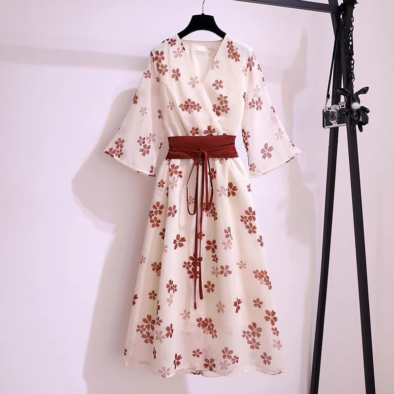 Floral dress 2022 new Chinese style high waist small fresh loose retro belt first love chiffon long skirt