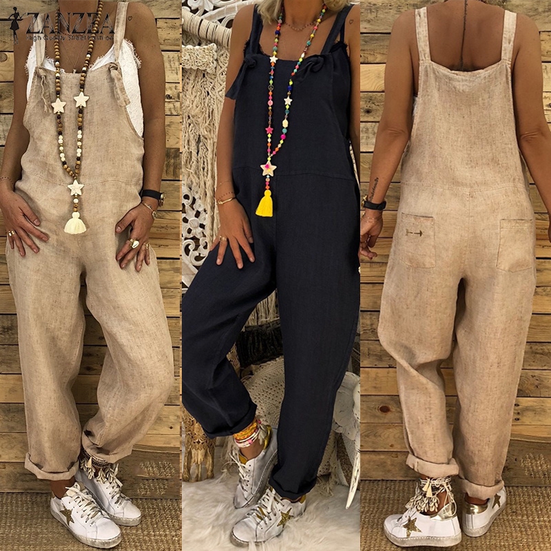 ZANZEA Women Summer Sleeveless Solid Color Casual Vintage Jumpsuits