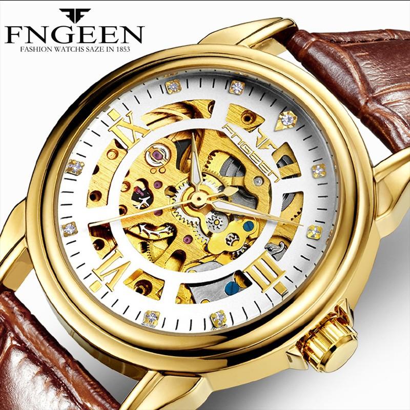 Đồng hồ lộ cơ nam chính hãng Fngeen, đồng hồ nam dây da lộ cơ mặt và đáy, phong cách thời trang nam tính, mạnh mẽ