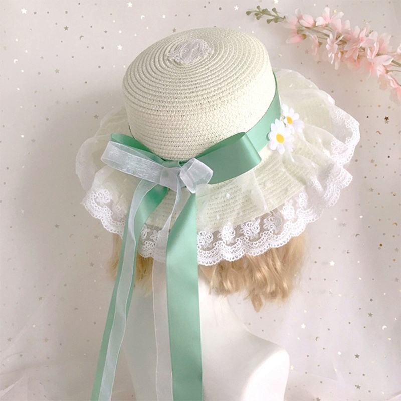 Nón Cói Rộng Vành Phối Ruy Băng Ren Thắt Nơ Phong Cách Lolita Cổ Điển