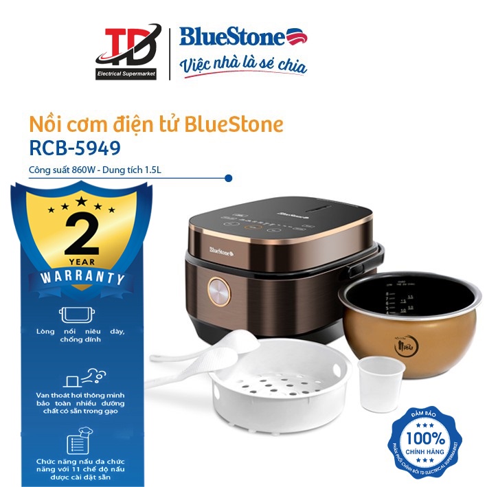 [Mã ELHAMS5 giảm 6% đơn 300K] Nồi Cơm Điện Tử Bluestone 5949, Lòng Nồi Niêu 1.5Lit-860w, Bảo Hành Chính Hãng 2 Năm