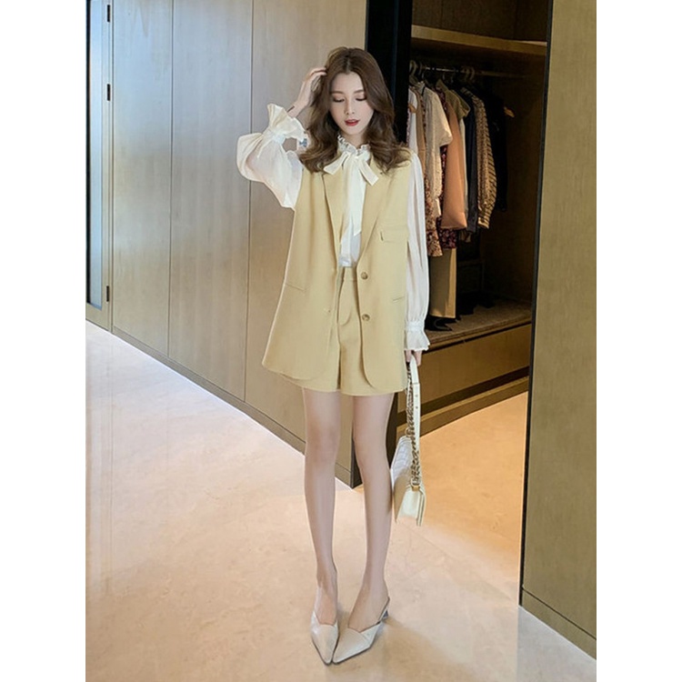 Set áo vest quần short + áo sơ mi phong cách Hàn Quốc thời trang thanh lịch cho nữ 2022