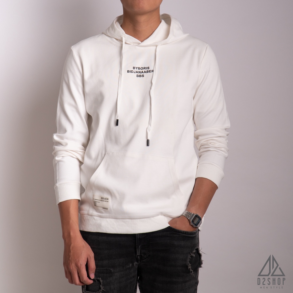 Áo hoodie nam D2shop màu trắng, in chữ