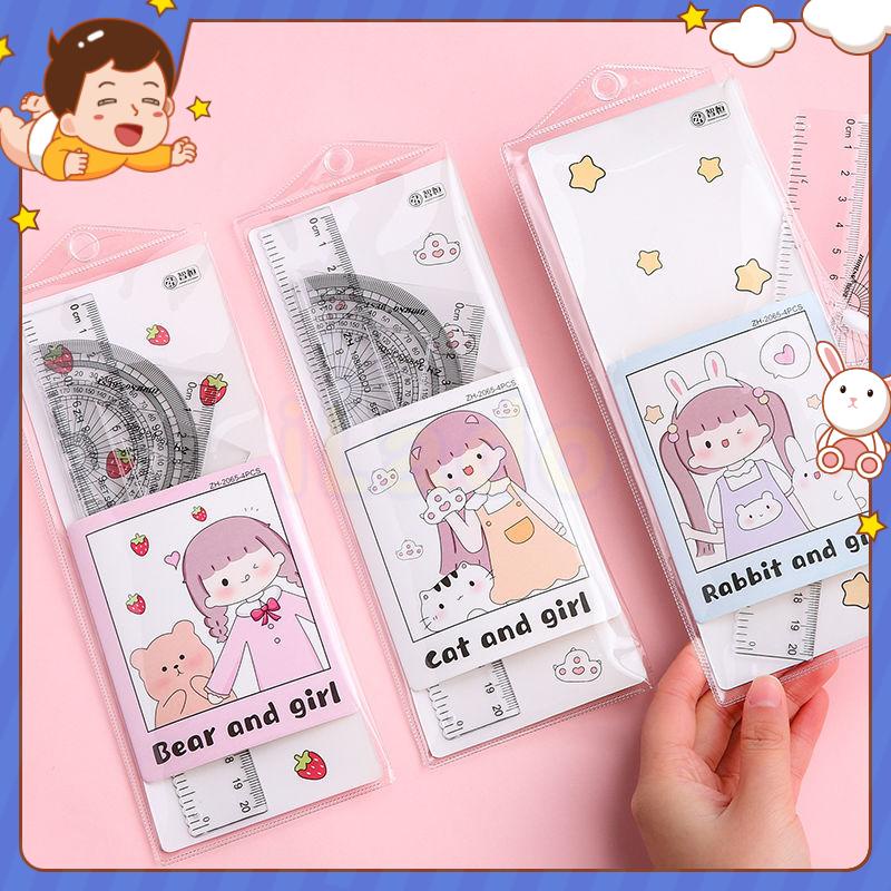 ⭐ iLado ⭐   Bộ Thước Kẻ 4 Món 15cm Thước đo kích thước Dụng Cụ Vẽ Hình Học Thước kẻ học sinh dễ thương chất lượng cao Tiện Lợi Hoạt Hình trong suốt có túi đựng In Họa Tiết Hoạt Hình dễ thương chất lượng cao