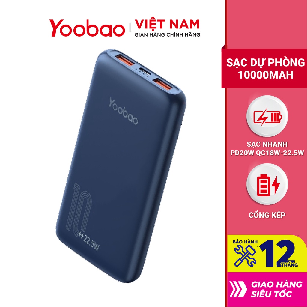 Sạc dự phòng Sạc nhanh YOOBAO D10Q 10000mAh Sạc Nhanh Cổng USB Kép Pin Polymer Cao Cấp - Hàng phân phối chính hãng