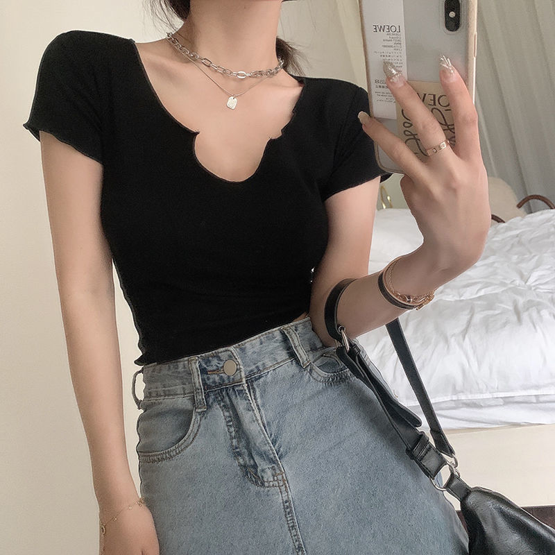 COZOK Áo thun croptop COZOK ngắn tay cổ chữ V thời trang cho nữ