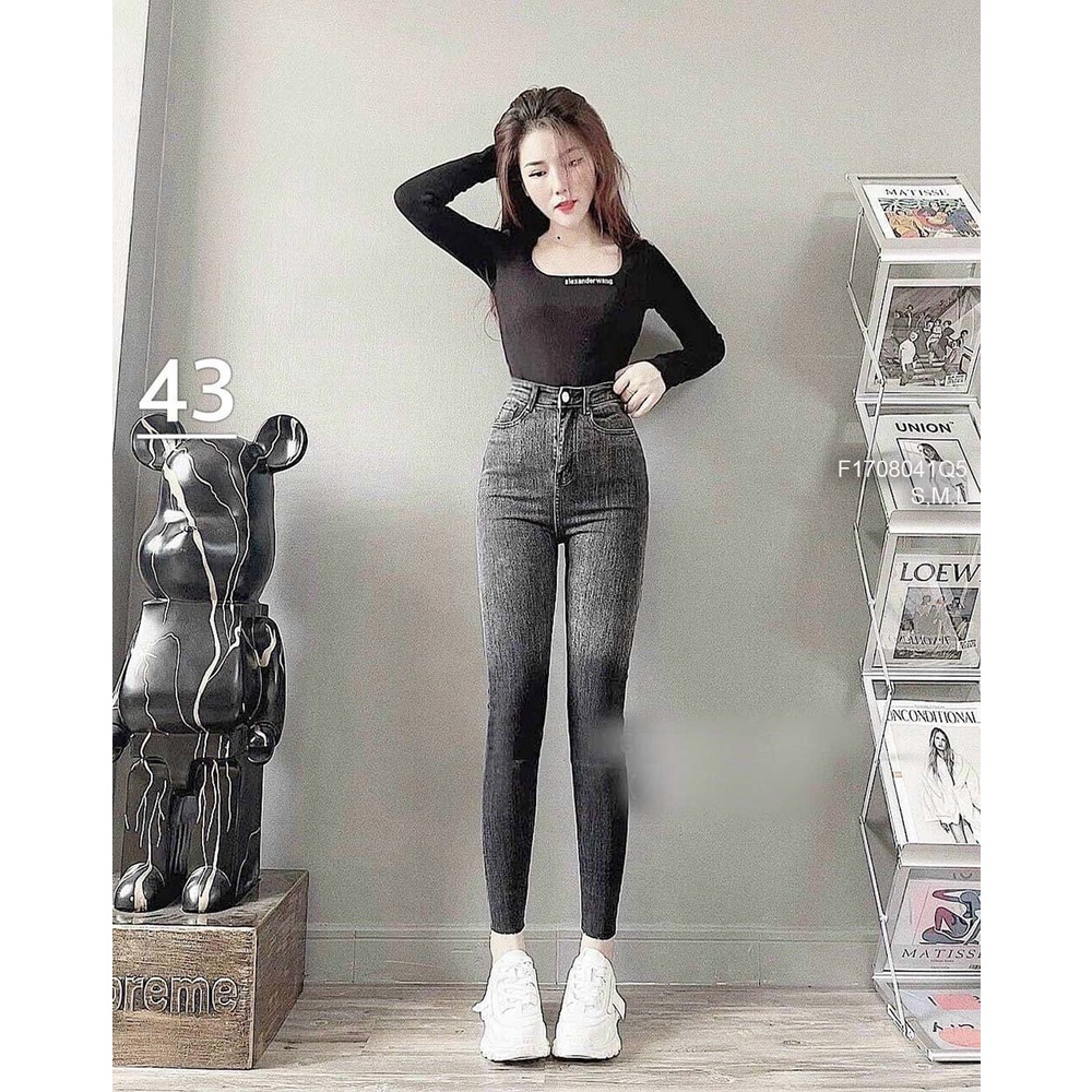 Quần jean xám dài ôm loang màu lưng cao tôn dáng!