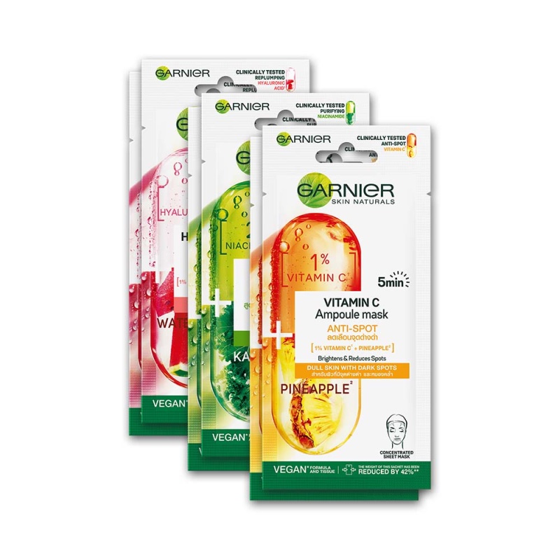 Bộ 6 mặt nạ tinh chất giúp làm sạch sâu, giảm bã nhờn, sáng da &amp; chống lão hóa Garnier 5 Minute Ampoule Mask 15GX6