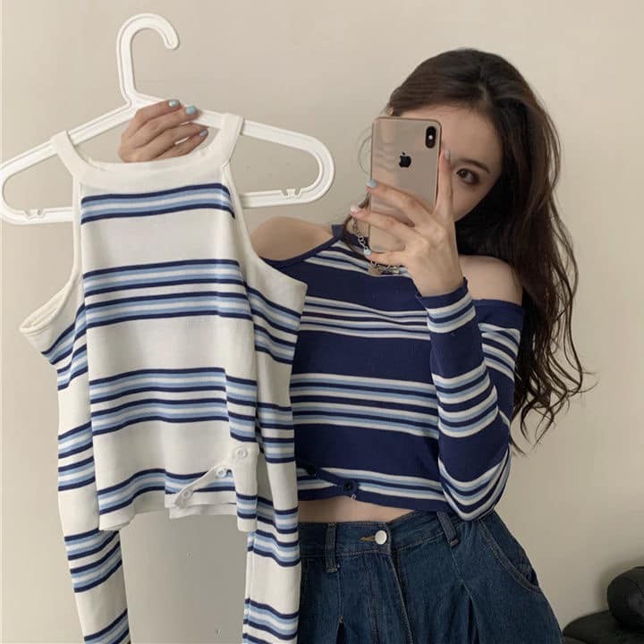 Áo len nữ dai tay hở vai họa tiết kẻ màu sắc đẹp xinh thời trang cá tính mẫu mới đẹp cực xinh kute đẹp xuất sắc