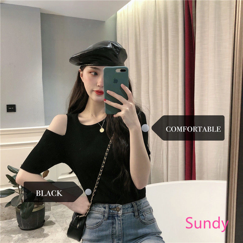 Áo len tay ngắn khoét vai cổ tròn thời trang quyến rũ cho nữ