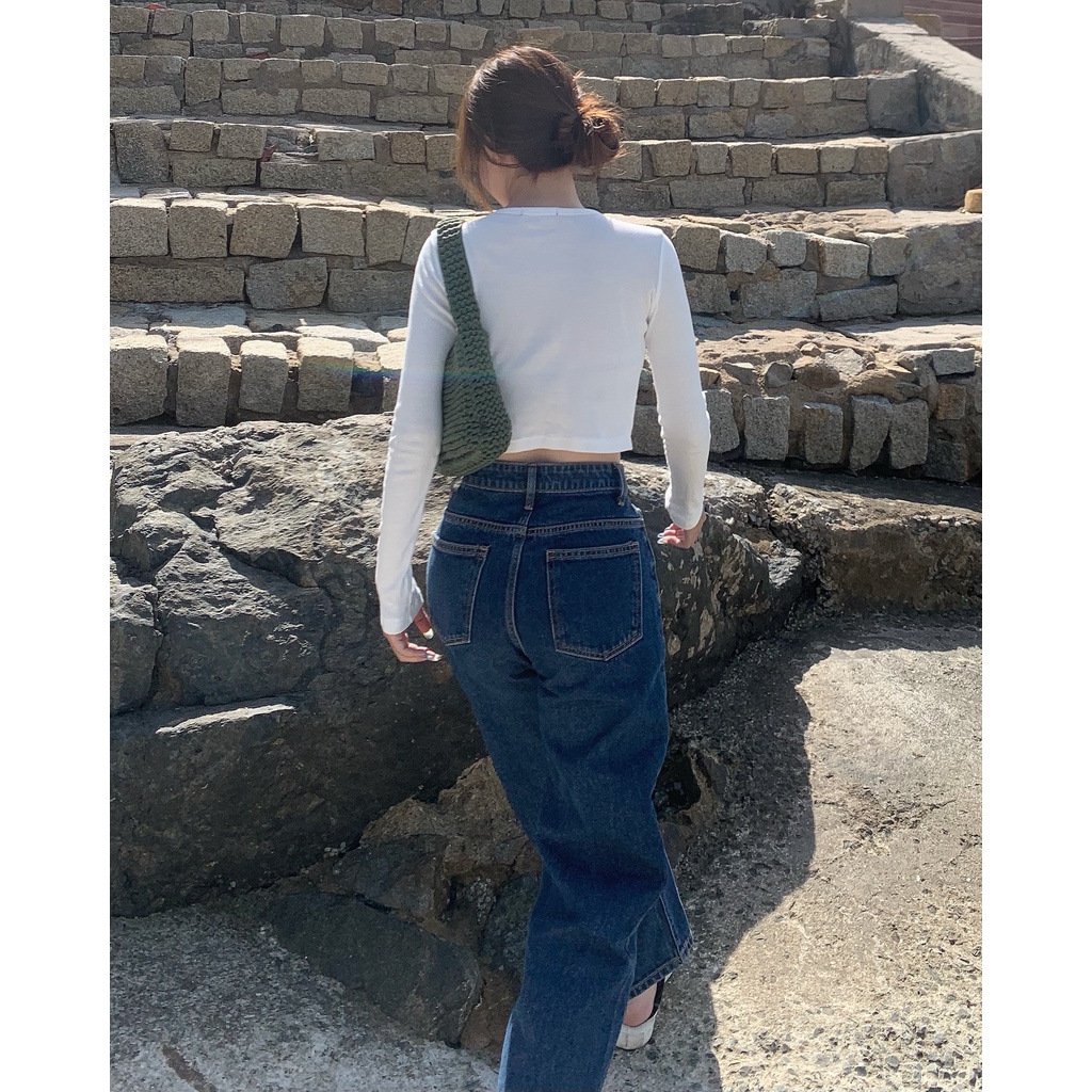 Quần Jeans Nữ Lưng Cao Ống Suông Rộng Màu Xanh Đậm LDL-103