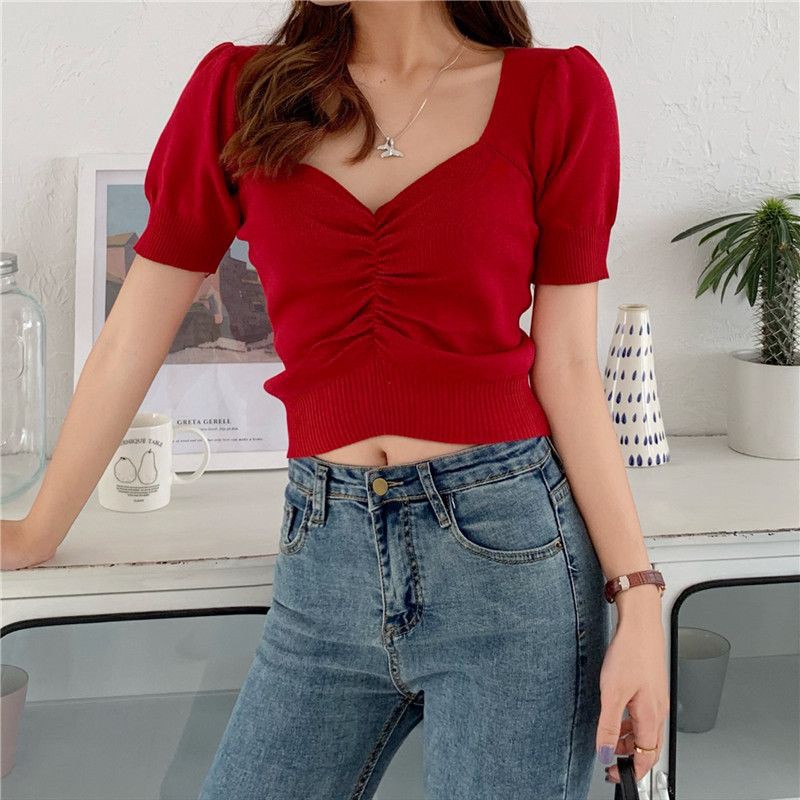 Áo vải dệt nhún ngực màu trơn thời trang cho nữ