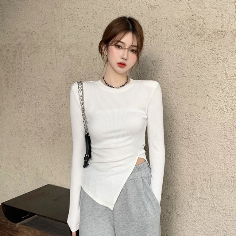 Áo thun nữ dài tay xẻ tà thời trang Hàn Quốc